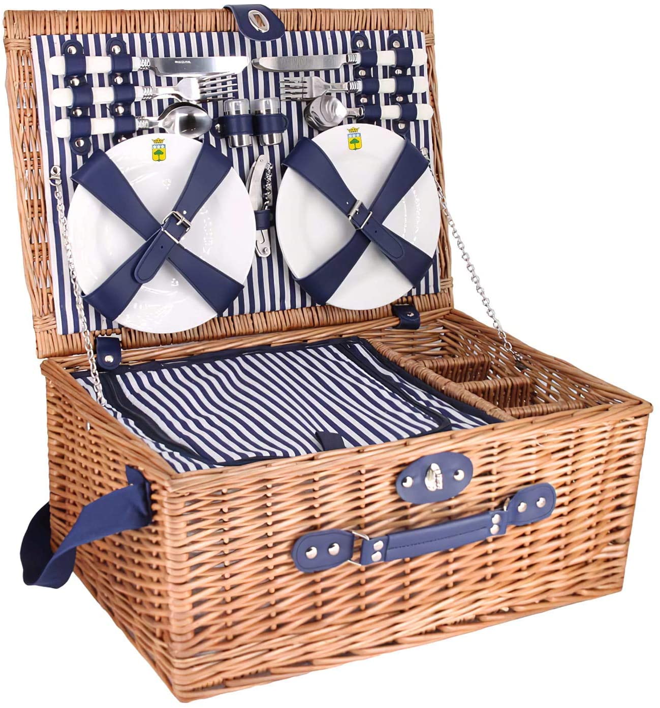 thumbnail image 2 of Les Jardins De La Comtesse - Natural Wicker Bottle Basket - Drink/Wine/ Champagne/Water - 4 Compartments - Picnic Accessory- Includes Corkscrew 25 X 25 X 40 Cm 2 of 9